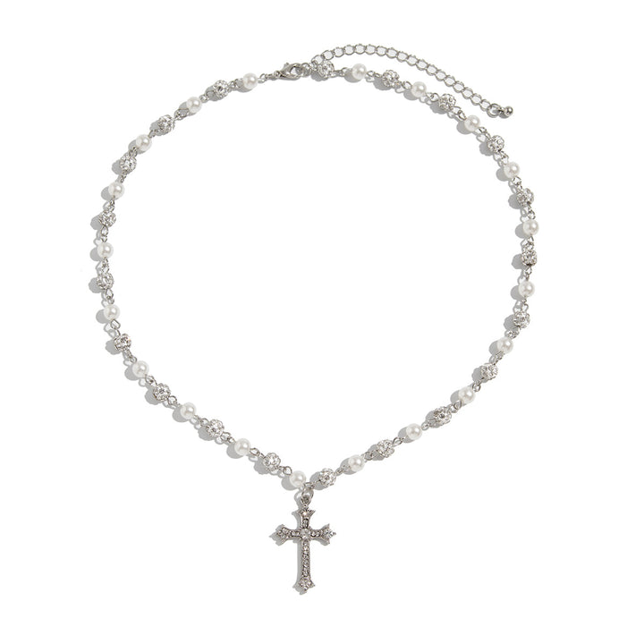 Pearl & Diamond Cross Pendant Necklace (Y2K Edgy Choker)