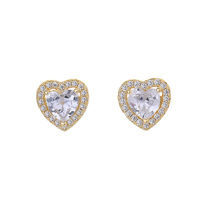S925 Silver Heart Halo Diamond Stud Earrings, Luxury Heart Shape Paved Earrings in Gold & Silver Two Tones
