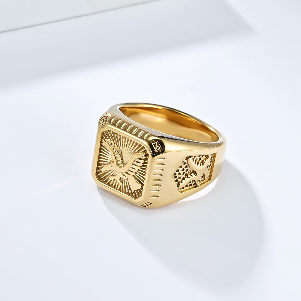 Vintage Embossed Eagle Square Men Ring, Gold & Silver Retro Wide Band Business Statement Signet Ring