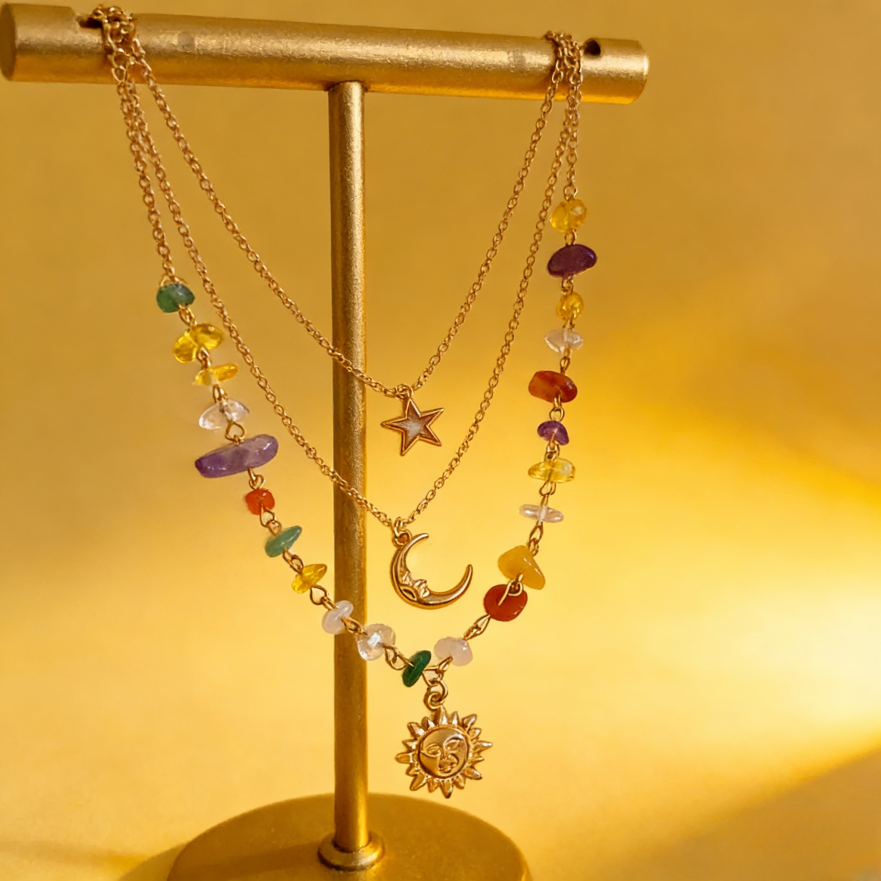 Sun Moon Star Chakra Stone Layered Necklace Set (Boho Mystic Choker)