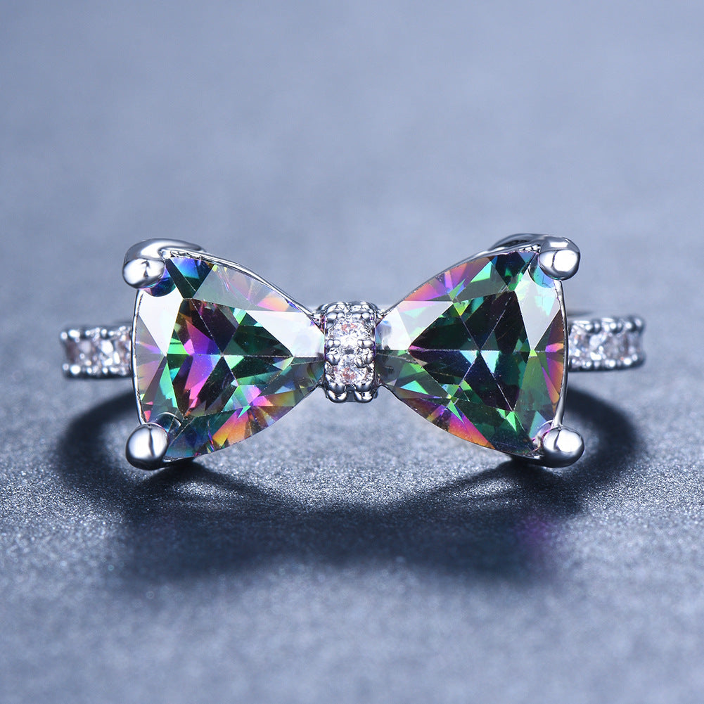 Triangle Stone Bow Pave Ring, Multi-Color Gem Silver/Rose Gold Luxury Feminine Band