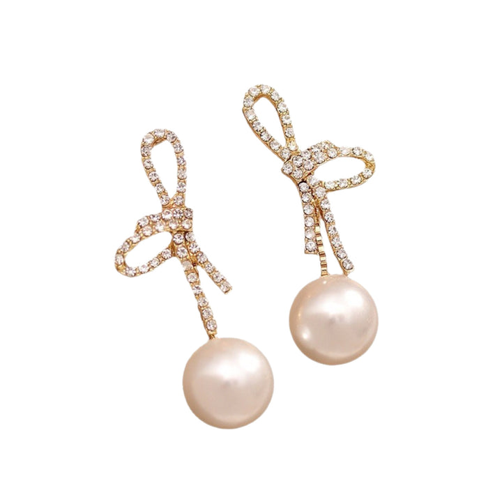 Paved Crystal Bow Pearl Drop Stud Earrings, Sweet Luxury Bow Dangle Pearl Earrings