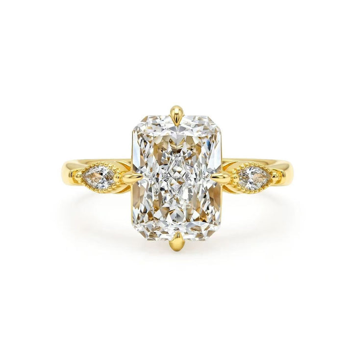 Radiant‑Cut Rectangular Center Diamond Engagement Ring With Marquise Side Diamond, Gold & Silver Options