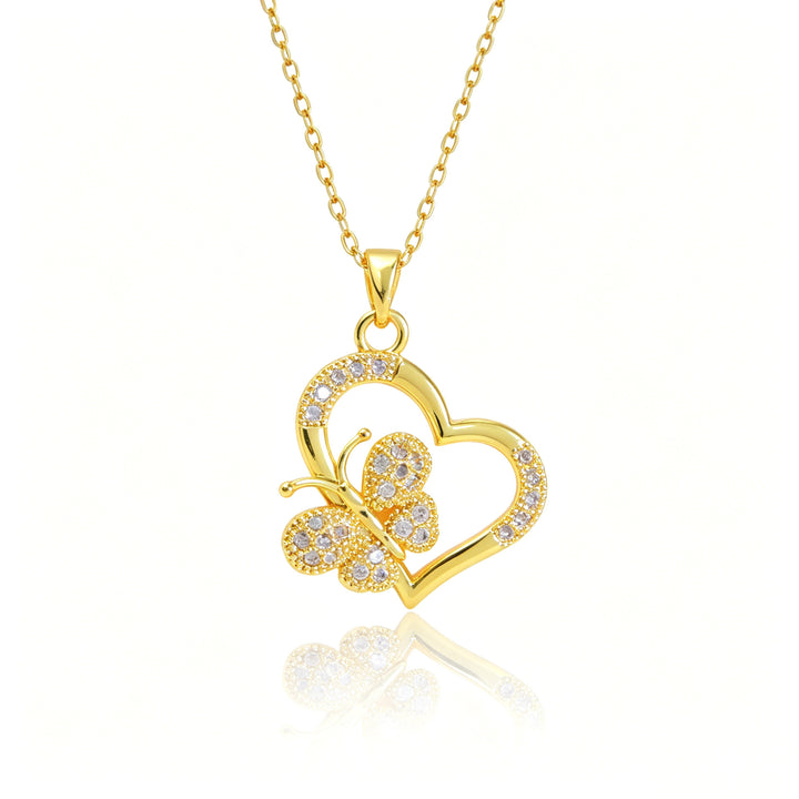 Heart & Butterfly Diamond Necklace, Gold & Silver Two-Tone Hollow Choker
