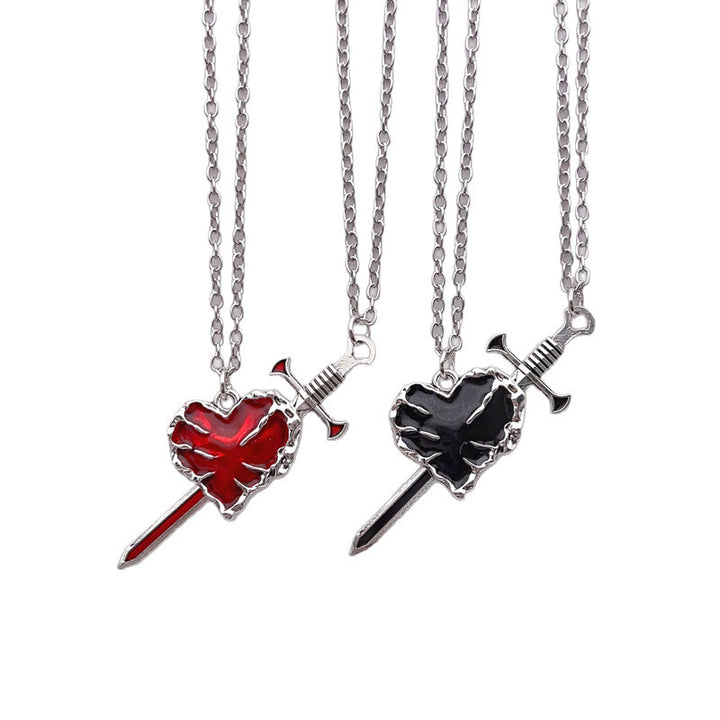 Broken Heart Sword Necklace, Dark Style Sword Through Heart Couple Pendant Set
