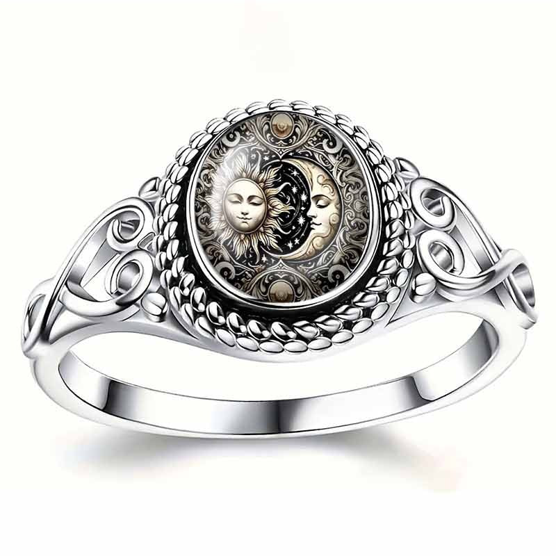 Vintage Sun‑Moon Print Open‑work S925 Sterling Silver Ring