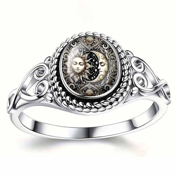 Vintage Sun‑Moon Print Open‑work S925 Sterling Silver Ring