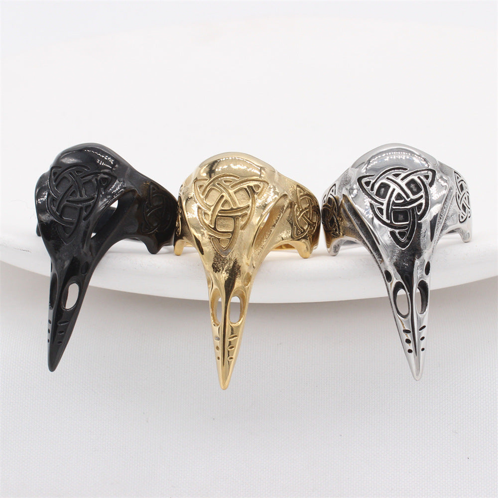 Viking Celtic Knot Raven Skull Hollow Ring, S925 Silver Dark Nordic Myth Unisex Band, 3 Colors Available