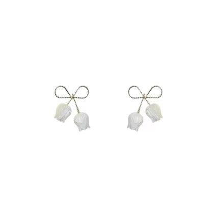 S925 Silver Bowknot Lily of The Valley Dangle Earrings, Gentle Style White Flower Long Drop Earrings