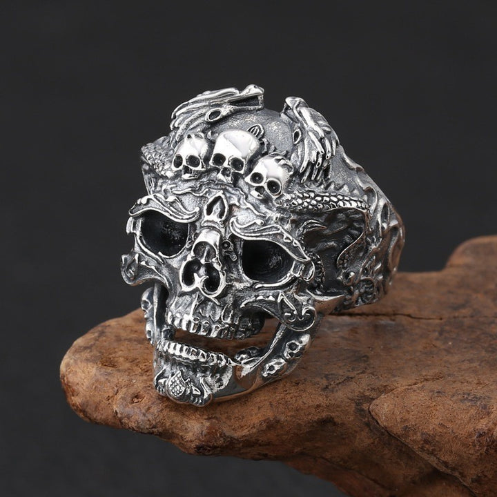 Vintage Baroque Scroll & Lotus Bone Carved Skull Wide Ring, S925 Silver Antiqued Gothic Embossed Men’s Band