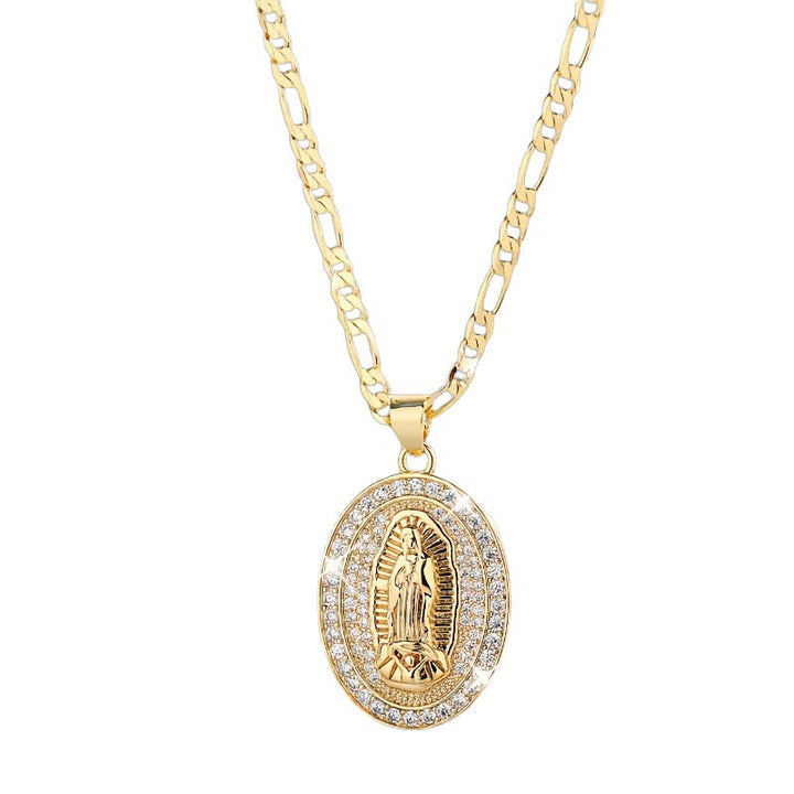 Oval Virgin Mary Diamond Pendant Necklace