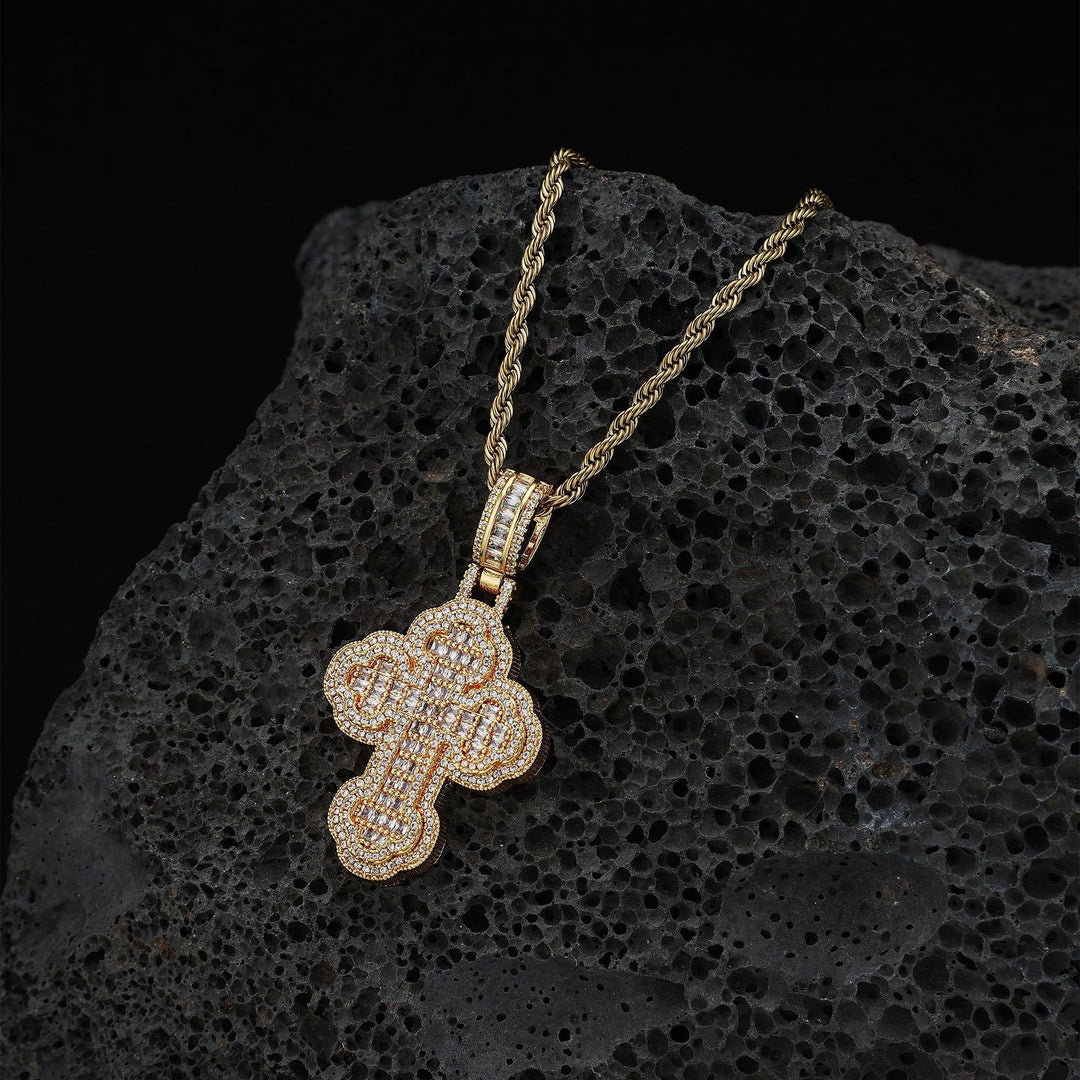 Vintage Floral Border Full Diamond Cross Pendant Necklace, S925 Silver Hip Hop Iced Out Twist Chain Jewelry
