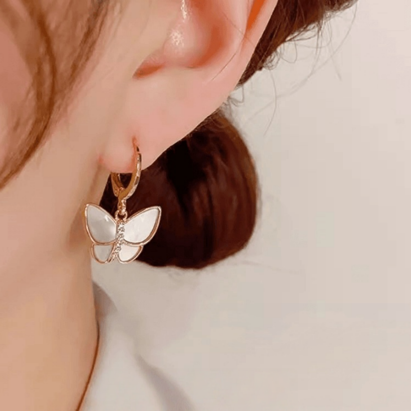 Light Luxury Enamel & Shell Butterfly Hoop Earrings, Delicate Paved Diamond Dainty Gold Dangle Earrings for Women