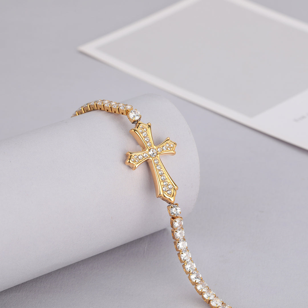 Cross Pavé Tennis Bracelet (2 Colors Delicate Statement Bangle)