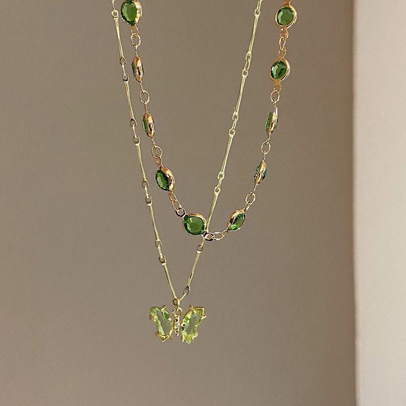 Two-Layer Stackable Color Crystal Butterfly Necklace, Bezel-Set Round Diamond Chain with Butterfly Pendant, Fresh Forest-Style Double Collarbone Chain