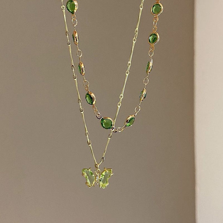 Two-Layer Stackable Color Crystal Butterfly Necklace, Bezel-Set Round Diamond Chain with Butterfly Pendant, Fresh Forest-Style Double Collarbone Chain