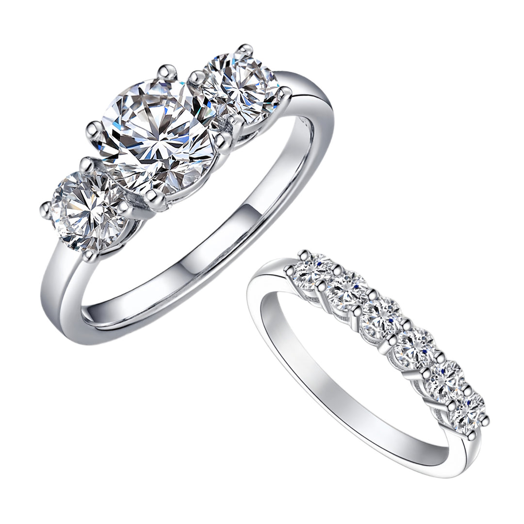 Three-Stone & Half-Eternity Wedding Ring Set (Luxury Classic Timeless Couple Bands)