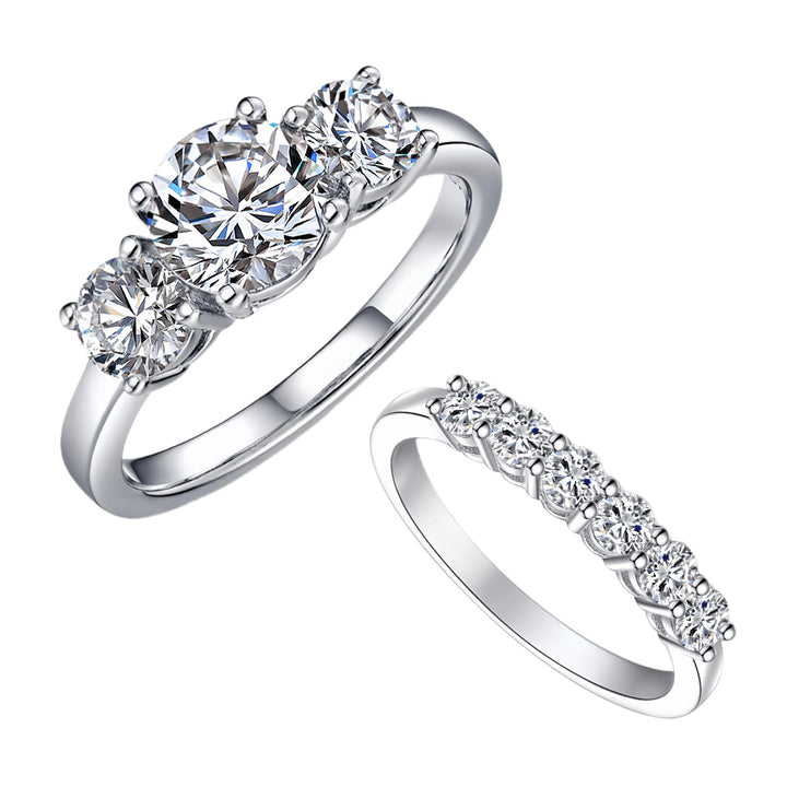 Three-Stone & Half-Eternity Wedding Ring Set (Luxury Classic Timeless Couple Bands)
