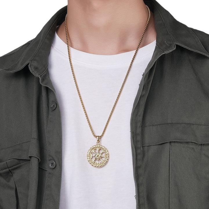 Viking Rune Compass Pendant Necklace (Unisex Vintage Titanium Steel Chain)