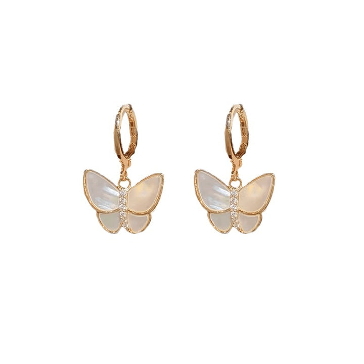 Light Luxury Enamel & Shell Butterfly Hoop Earrings, Delicate Paved Diamond Dainty Gold Dangle Earrings for Women