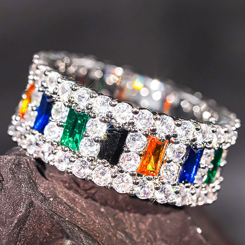 Rainbow Double-Row Pavé Diamond Ring (Hip-Hop Luxury Men's Band)