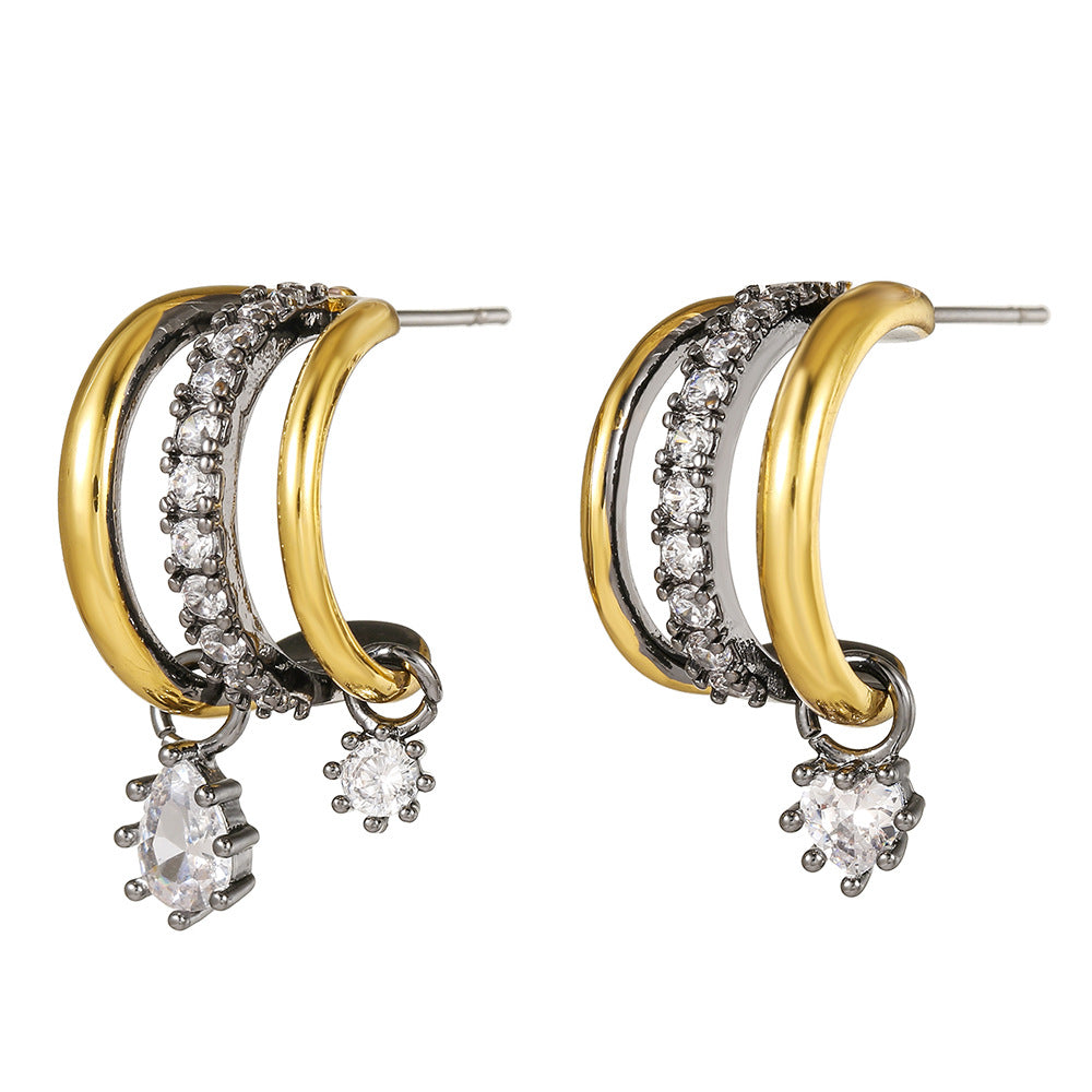 Two-Tone Triple C-Shape Diamond Drop Earrings, Vintage Gold & Gunmetal Luxury Dangle Hoops for Women