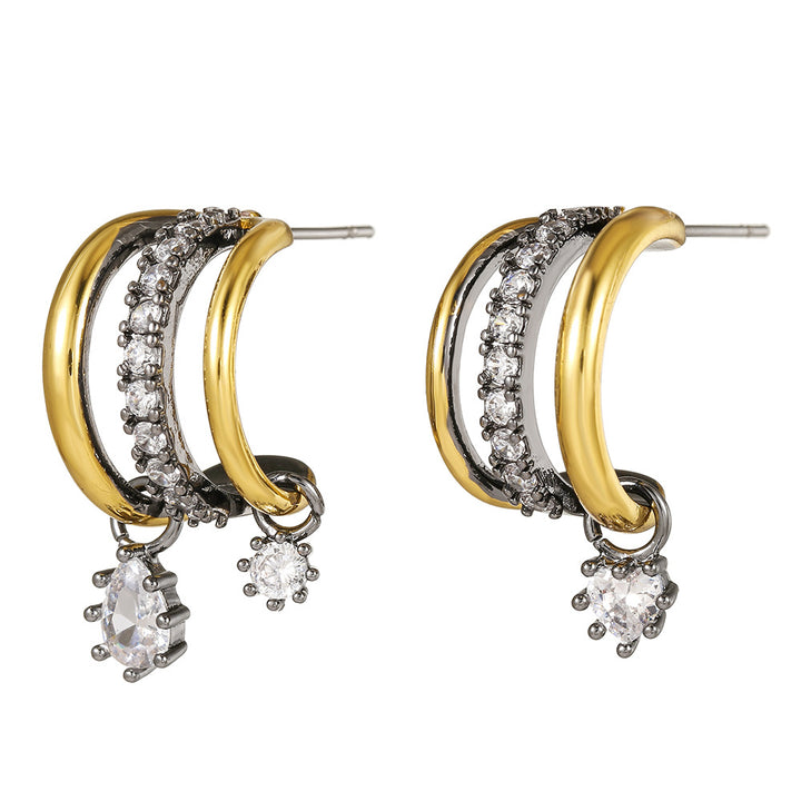 Two-Tone Triple C-Shape Diamond Drop Earrings, Vintage Gold & Gunmetal Luxury Dangle Hoops for Women