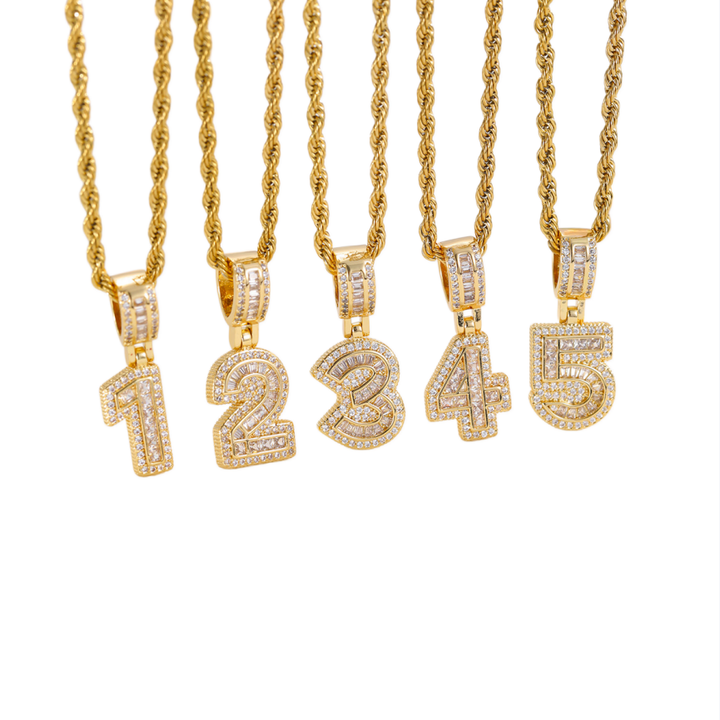 Iced-Out Number Pendant Necklace (Gold Tone Hip-Hop Style Twisted Chain)