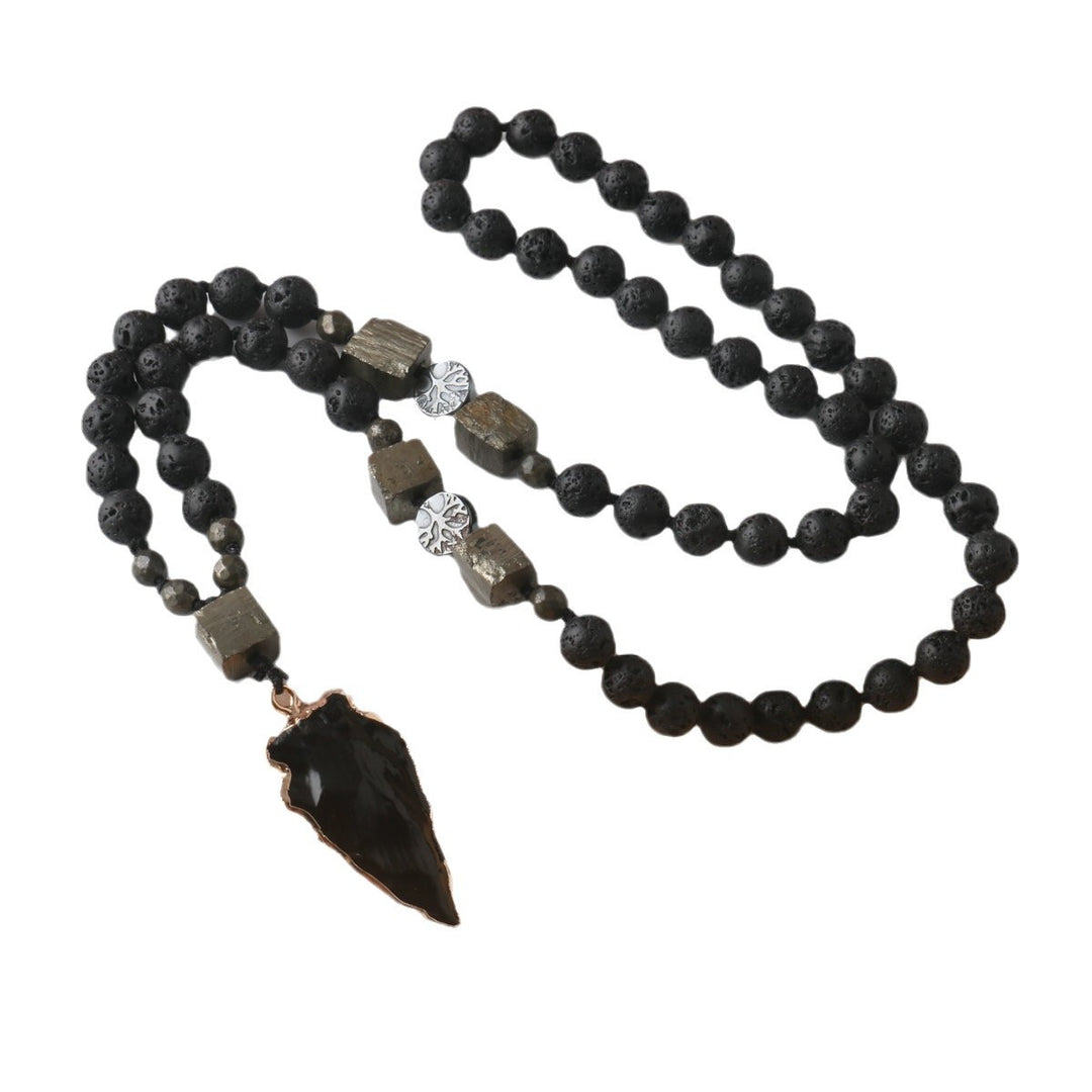 Lava Stone Pyrite Arrow Obsidian Pendant Long Necklace, Vintage Dark Style Stackable Necklace