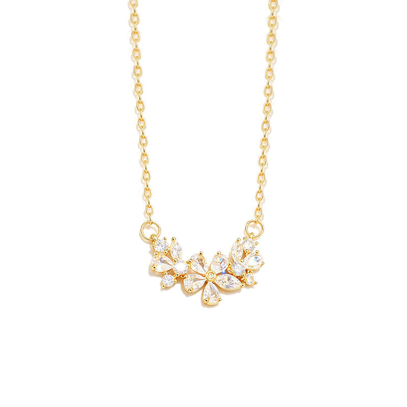 Three Flower Curved Diamond Necklace, S925 Sterling Silver Floral Clavicle Chain, Gold & Silver Two-Tone Elegant Jewelry for Women