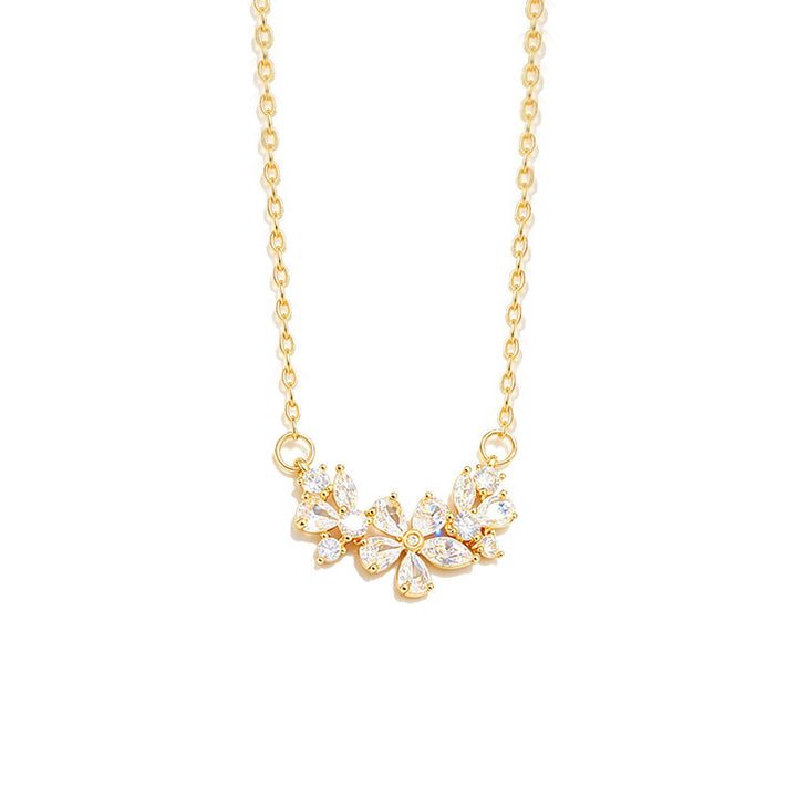Three Flower Curved Diamond Necklace, S925 Sterling Silver Floral Clavicle Chain, Gold & Silver Two-Tone Elegant Jewelry for Women