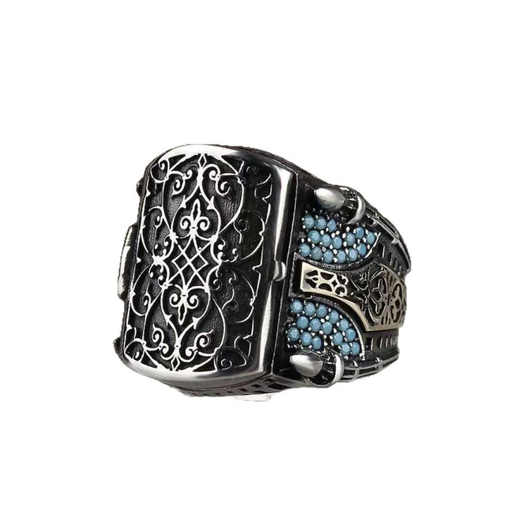Vintage‑Engraved Hollow Turquoise Wide‑Band Men’s Ring