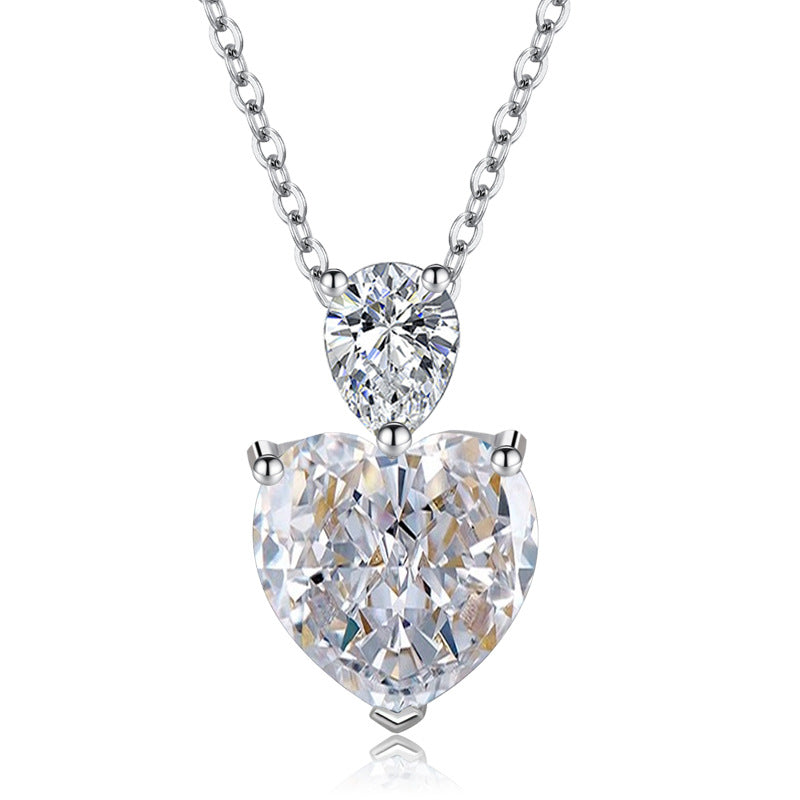 Heart & Pear Shape Double Diamond Pendant Necklace, S925 Silver Heart Diamond Women's Choker