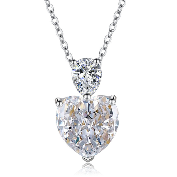 Heart & Pear Shape Double Diamond Pendant Necklace, S925 Silver Heart Diamond Women's Choker