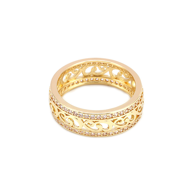 Vintage Scroll Hollow Eternity Ring, Gold Filigree Double Paved Diamond Wide Band For Women