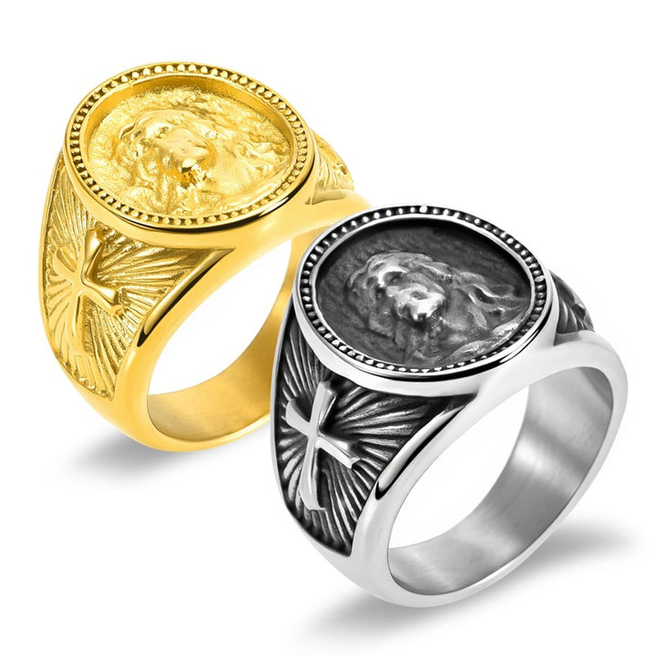 Vintage Antique Jesus Portrait Titanium Steel Men Ring, Cross Radiant Engraved Wide Religious Statement Band