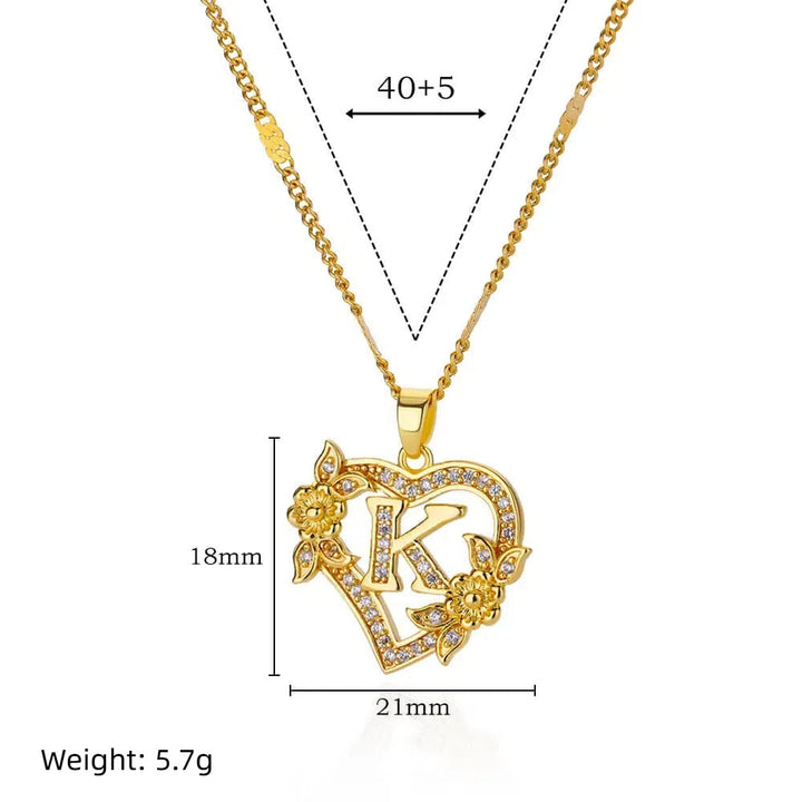 Vintage Flower Heart Pave Crystal Letter Necklace, 316L Stainless Steel 14K Gold Plated Luxury A-Z Initial Pendant Clavicle Chain Niche Jewelry