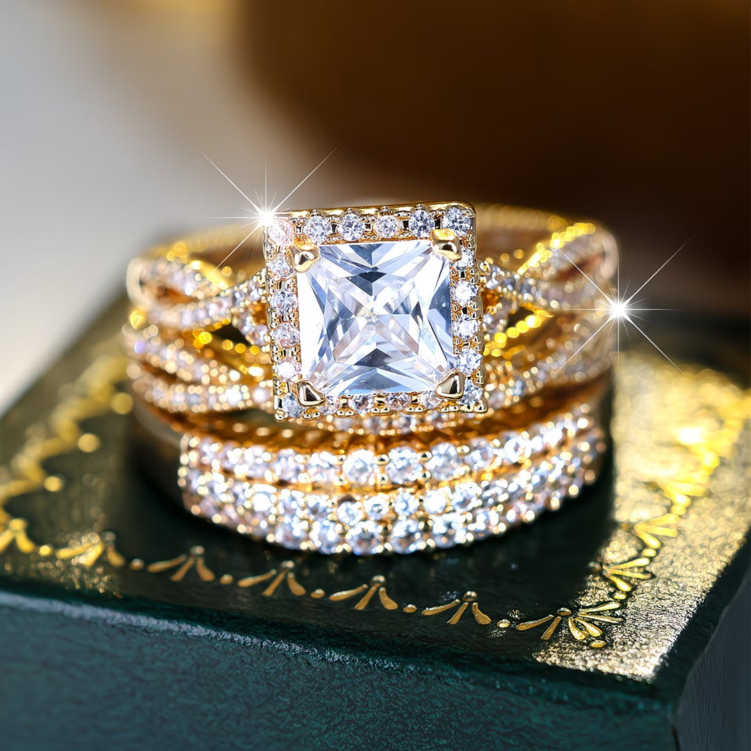 Square Center Stone Paved Three-Piece Ring Set, Luxury Stackable Engagement Ring Set