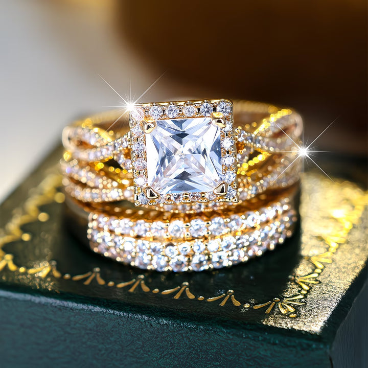 Square Center Stone Paved Three-Piece Ring Set, Luxury Stackable Engagement Ring Set