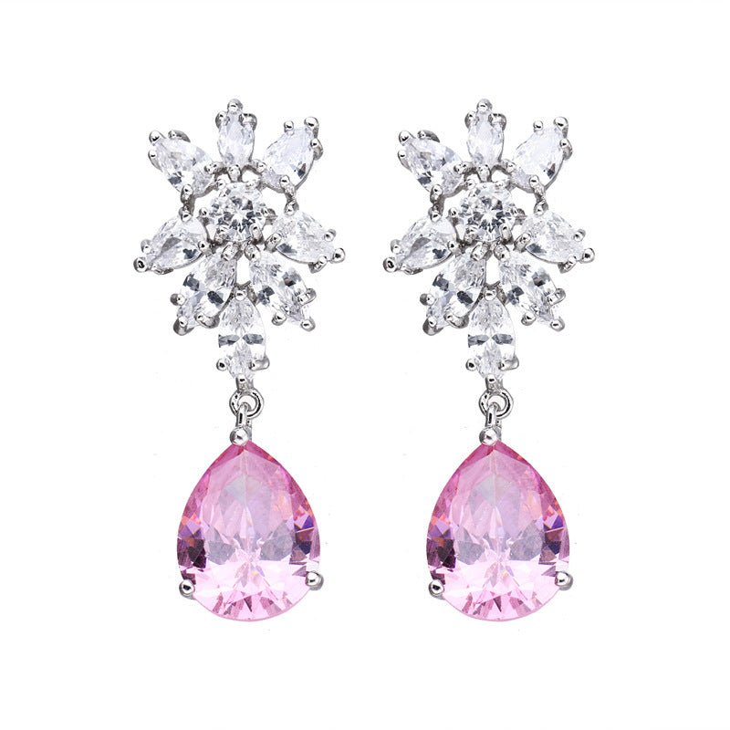 Snowflake Diamond Cluster Teardrop Drop S925 Silver Earrings, Multi-color Gem Long Evening Earrings