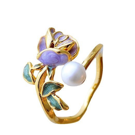 Enamel Rose Pearl Open S925 Silver Gold‑Tone Ring
