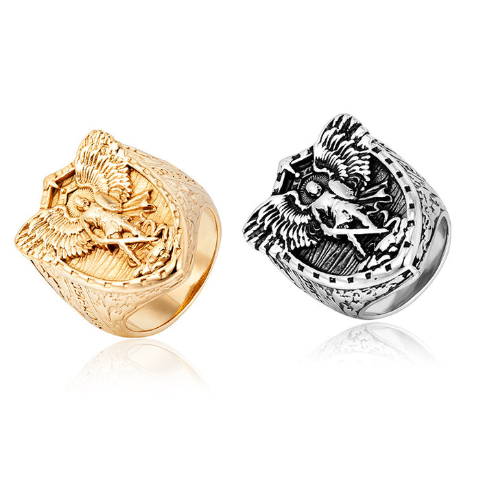 St. Michael Shield Embossed Guardian Signet Ring, S925 Silver Gold Tone / Antiqued Silver Religious Wide Band