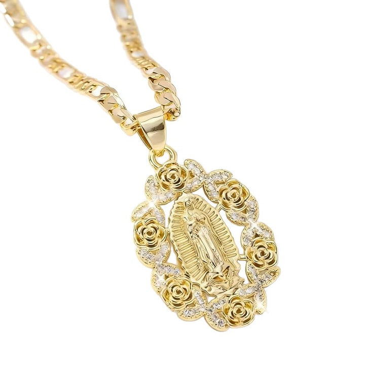 Rose Wrapped Virgin Mary Pendant Necklace, Vintage Gold Cuban Chain Mary Necklace