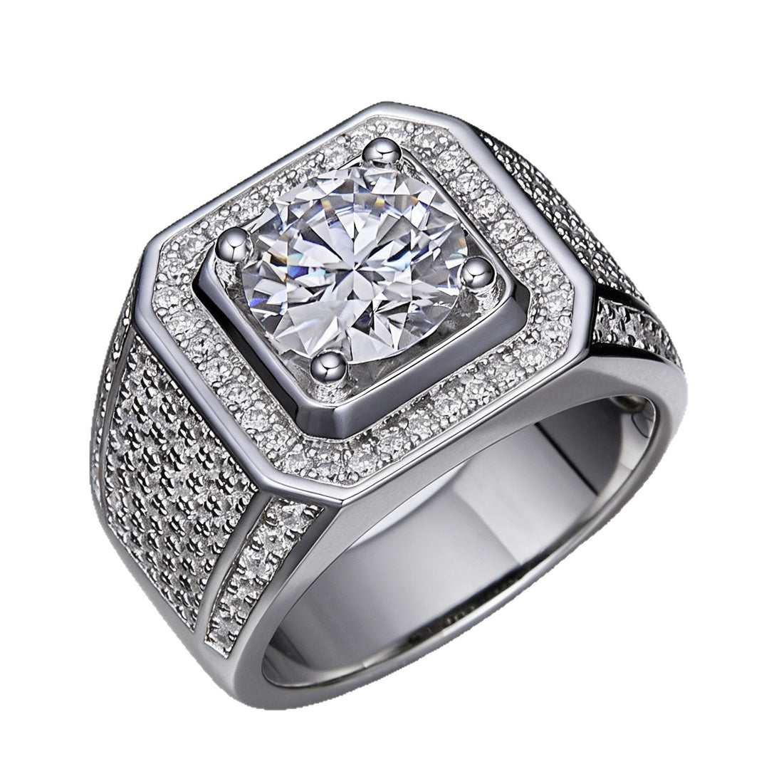 Heavy Square Halo Main Stone Men Ring, European Wide Full Paved Diamond Business Statement Band for Men