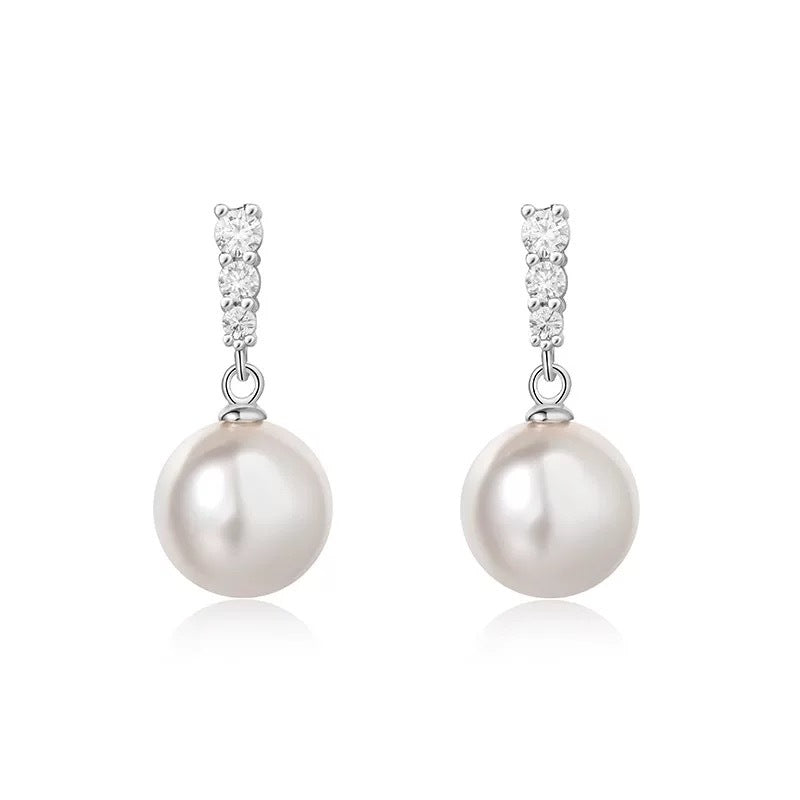 Three Stone Short Pearl Drop Stud Earrings, Simple Luxury Luster Pearl Dangle Earrings, Gold & Silver Two Tones Available