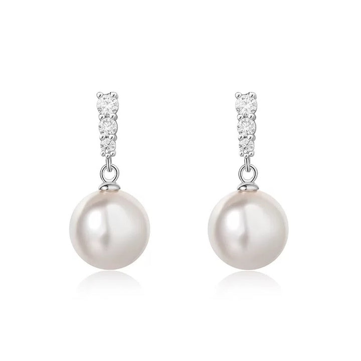 Three Stone Short Pearl Drop Stud Earrings, Simple Luxury Luster Pearl Dangle Earrings, Gold & Silver Two Tones Available