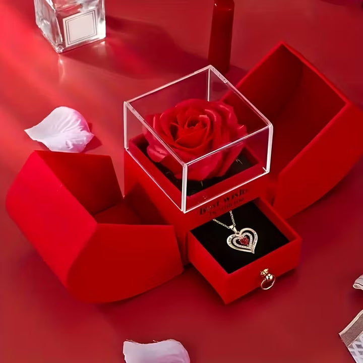 Engraved Intertwined Double Heart Diamond Necklace, S925 Sterling Silver, Preserved Rose Gift Box Set Romantic Clavicle Jewelry
