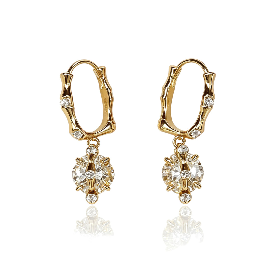 S925 Silver Bamboo Knot Huggie Earrings with Round Diamond Charms, Vintage Gold Drop Earrings
