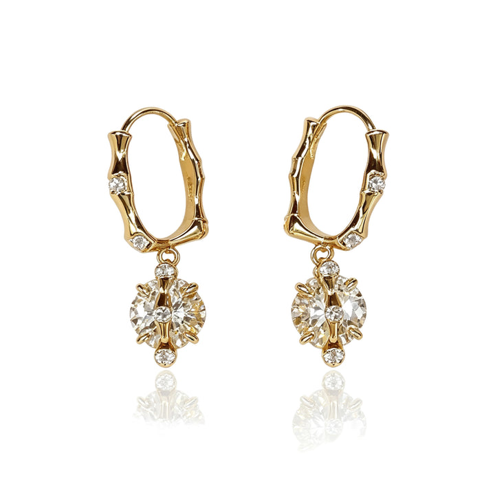 S925 Silver Bamboo Knot Huggie Earrings with Round Diamond Charms, Vintage Gold Drop Earrings