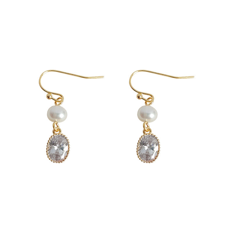 Oval Diamond Pearl Drop Hook Earrings, French Light Luxury Long Face Slimming Dainty Earrings